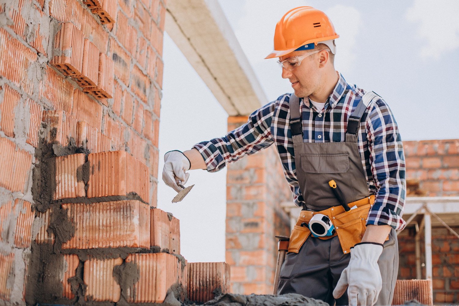 Casa em construção com a equipe de obra da ASCRED